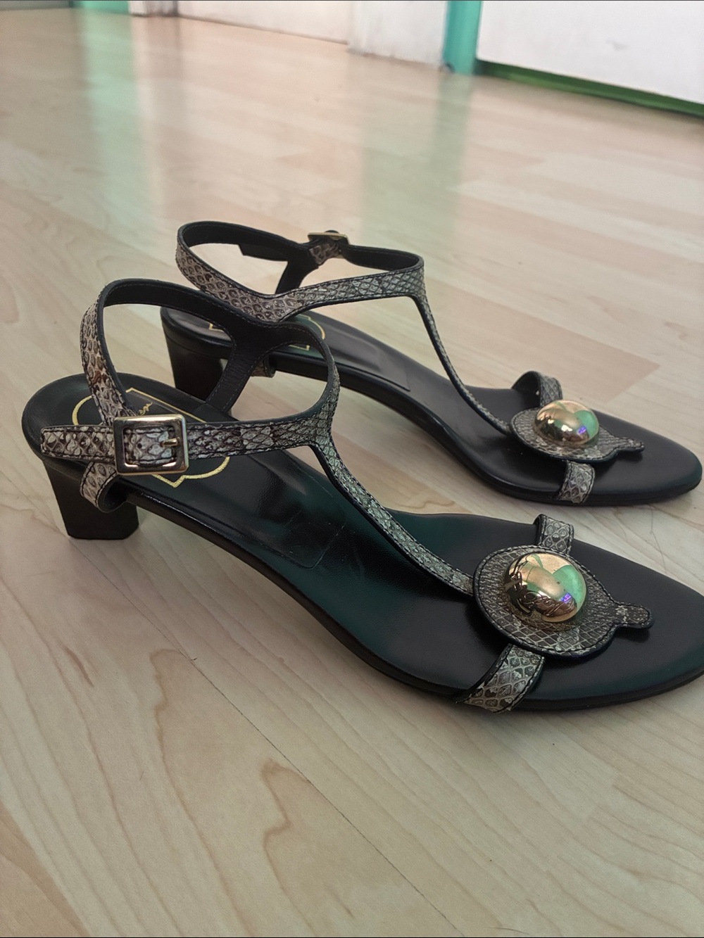 Roger Vivier Black Sandals with Metallic Snake-Print Straps and Gold Medallion